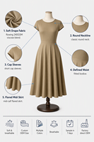 Robe midi évasée à col rond et manches courtes 240 GSM pour femme, idéale pour le bureau et les occasions professionnelles, opaque, personnalisable avec logo OEM, vente en gros