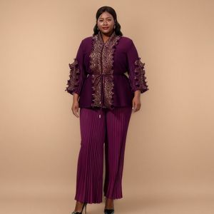 Tunica <span class=keywords><strong>elegante</strong></span> Miyake Set 2 pezzi per donna taglie forti Casual stile impero con <span class=keywords><strong>pizzo</strong></span> arricciato Top a pieghe a gamba larga tailleur - Product Image 2