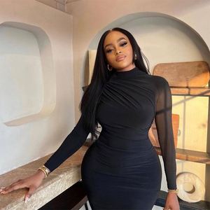 Hot Selling Elegant Pleated <b>Black</b> Dress Women Sexy Stand Collar <b>Long</b> <b>Sleeve</b> Body-Shaping Robe Spring Party - Product Image 5