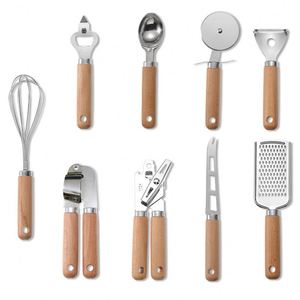 Wooden Handle Stainless Steel 9-Piece Dishwasher Safe Egg Beater Pasta Server Soup Ladle Pizza Cheese Knife Small Utensils - Product Image 5