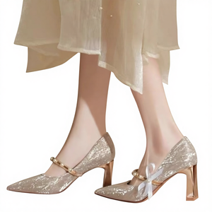 Zapatos de Tacón Alto Franceses para Mujer, Tacón Grueso Cómodo para Bodas de Verano, Novedad 2025, Punta en Pico, Plateado Champán - Product Image 1