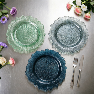 Assiettes de présentation rondes en verre radiant motif losanges dorés, base blanche, effet soleil, pour mariages de luxe et banquets, vente en gros pp - Product Image 1