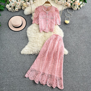 Roman 2 pezzi Set da donna Top manica a sbuffo e vita alta gonne di pizzo sottile vestito abbigliamento all'ingrosso - Product Image 1
