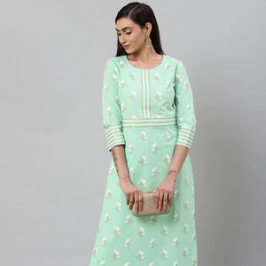 Ensemble décontracté pour femmes en coton à rayures florales vertes 2 pièces Respirant Écologique Ensemble d'été Manches trois quarts Longueur cheville Kurta - Product Image 1