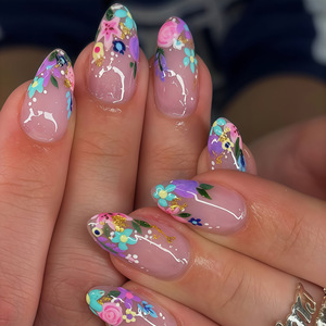 Uñas Postizas con Diseño Floral de Tortuga Marina, Cobertura Completa, 24 Piezas, Forma Almendrada, Pre-Diseñadas para Mujeres - Product Image 2