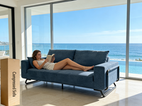 Canapé modulable gris clair effet nuage, compressé et scellé sous vide, ensemble 2 pièces avec structure métallique, idéal pour bureau ou espace de détente.
