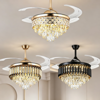 Ventilateur de plafond LED en cristal rond de luxe, silencieux, pales en ABS, télécommande, hauteur réglable pour salon, salle à manger, lustre