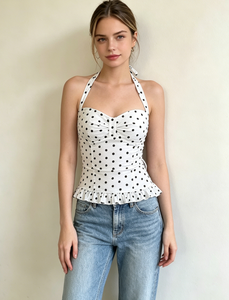 Top Halter Vintage Tejido <span class=keywords><strong>con</strong></span> Estampado de Puntos, Lazo, Espalda Fruncida Transpirable, Dobladillo <span class=keywords><strong>con</strong></span> <span class=keywords><strong>Volantes</strong></span>, Blusa Corsé, Camisola Elegante de Corte Ajustado para Mujer - Product Image 1