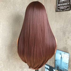 Perruques longues et droites personnalisables en gros, brun foncé, rouge bordeaux avec frange pour femmes, perruque synthétique dégradée à raie centrale, résistante à la chaleur - Product Image 5