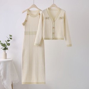 Elegant 2 Piece Set Women Long Tank Dress Knit Cardigan Sweater <b>Gold</b> <b>Button</b> Up Rib Knitted Vest Dress Manufacturer - Product Image 6