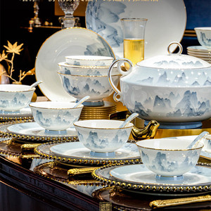 लक्जरी टेबलवेयर सेट सोने की रिम हड्डी चीन सिरेमिक प्लेट सूप कटोरे रात में शाही चीनी मिट्टी के बर्तन सेट - Product Image 3