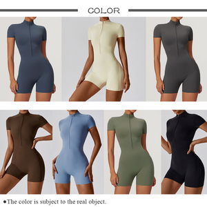कस्टम ब्रांड महिलाओं उच्च खिंचाव नरम खेल कपड़े जिपर उच्च कॉलर शॉर्ट स्माइली योग नृत्य जंपसूट महिला कसरत - Product Image 3