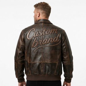 Custom Retro <strong>Brown</strong> Distressed Lambskin Bomber <strong>Jacket</strong> OEM 3D Filling Embroidery Design Genuine <strong>Leather</strong> Aviator <strong>Jacket</strong> - Product Image 1