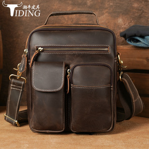 Bolso bandolera para hombre Tiding, de cuero marrón oscuro, con bolsillos con cremallera para uso diario. - Product Image 1