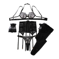 Set Lingerie 5-Piece New Eyelash Lace untuk Wanita dengan Bra Berkawat, Garter Belt, Leg Ring, Sarung Tangan, Seksi dan Nyaman