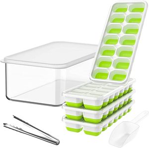Hot Selling Stackable Silicone Plastic Ice Cube Trays for Freezer with Container Bin Shovel And Clamp 4 Pack Ice Cube Tray Set