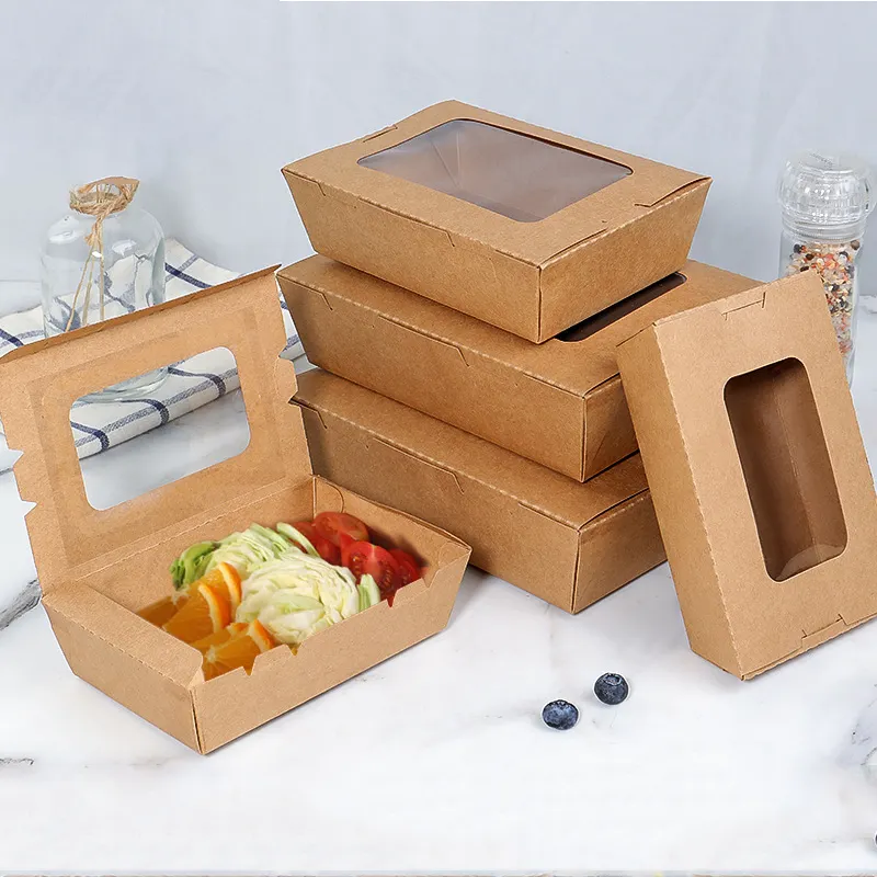 Prix de gros imprimé personnalisé Boîte à emporter Conteneurs de restauration rapide en papier kraft Emballage Boîte à déjeuner pour emballage alimentaire de pique-nique