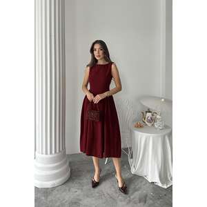 เดรสผ้าลินินสีเบอร์กันดีทรงเอไลน์ คอวี เอวธรรมชาติ ระบายอากาศได้ดี เหมาะสำหรับใส่ในตอนเย็น - Product Image 5