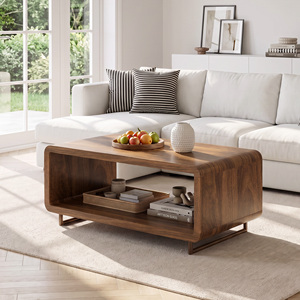 Rectangular 2-Tier Wooden Coffee Table with Open <b>Storage</b> Shelf Rounded Edge Low Profile Tea Table Modern Minimalist Center Table - Product Image 1