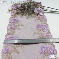 Dentelle en tulle brodée douce de 26 cm, bleu et violet, avec grandes fleurs, pour sous-vêtements, fournie par l'usine chinoise