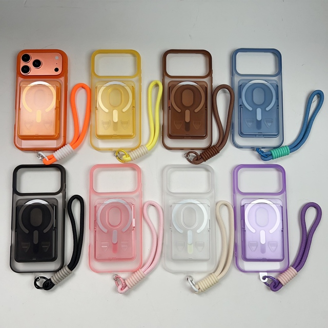 Luxury Boxed Frosted PC Magnetic Phone Case for IPhone 17 Pro Max 16 Cover with Card Bag Stand and Lanyard