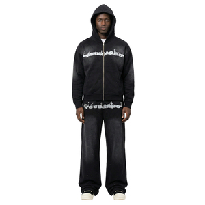 TOPSHOW Abbigliamento Personalizzato con <span class=keywords><strong>Stampa</strong></span> Integrale, Tuta Sportiva con Lavaggio Acido, Zip e Strass, Set Felpa con Cappuccio e Pantaloni da Uomo - Product Image 1