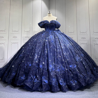 Robe de bal de Quinceañera Mumuleo bleu marine, longue, moderne, pour adolescentes, en satin orné de fleurs, avec traîne cathédrale naturelle