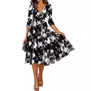 Vestido Largo Elegante de Verano para Mujer, Manga Siete Puntos, Cuello en V, Estilo Casual, Elegante, para Vacaciones, con Estampado Floral en <span class=keywords><strong>Blanco</strong></span> y Negro - Product Image 2