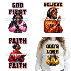 Adesivo Termotrasferibile DTF Lavabile Pronto da Applicare per Felpe con Versetto Biblico Cristiano 'Fashion God Pray Love' per Donne Afro - Product Image 1