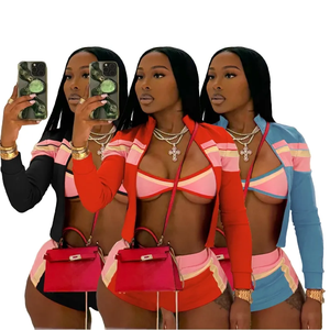 Abbigliamento estivo Set 3 pezzi tuta da <span class=keywords><strong>donna</strong></span> Streetwear colore contrasto reggiseno sportivo giacca e pantaloncini Set per <span class=keywords><strong>donna</strong></span> Loungewear - Product Image 2