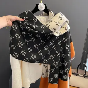 Hochwertige Frauen lange große warme Winter Kashmir Pashmina Schals Luxus Designer Kamelie Blumenmuster Kaschmir Hals Schals