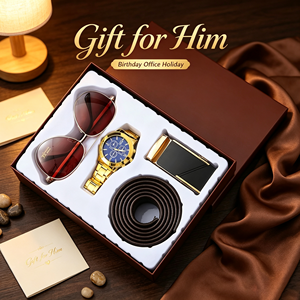 Ensemble cadeau pour <span class=keywords><strong>homme</strong></span> de haute qualité, 3 pièces, montre argentée, ceinture noire, lunettes de soleil aviateur, ensemble de montres de mode pour <span class=keywords><strong>homme</strong></span>, boîte cadeau - Product Image 3