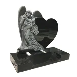 Western Style Antique Heart Shape China Black Granite Gravestone Memorial Stones with Angel Sculpture