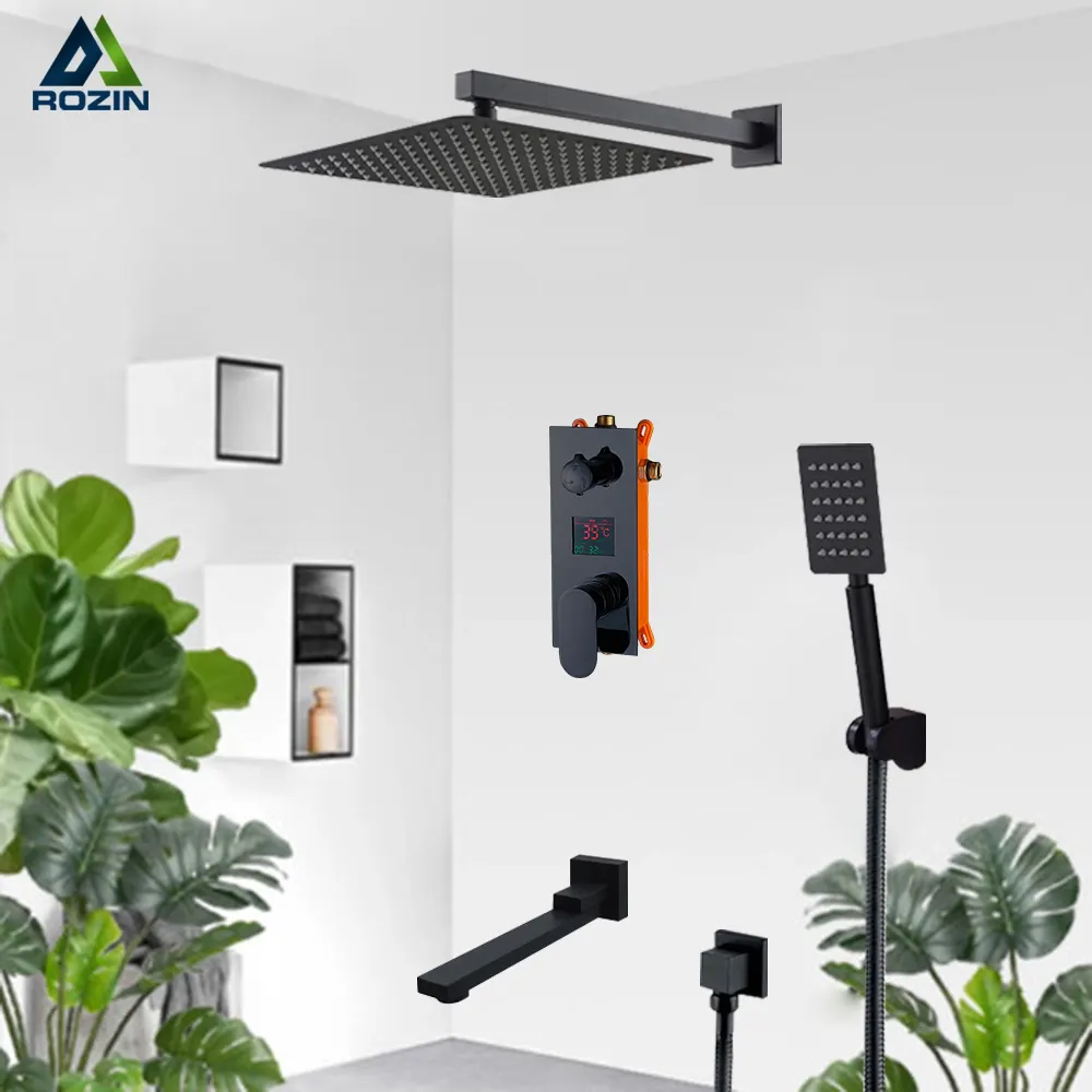 Rozin Matte สีดำ Shower ก๊อกน้ำ LED Digital Display 180หมุนฝนน้ำตกสีดำอ่างอาบน้ำระบบ LCD ดิจิตอล