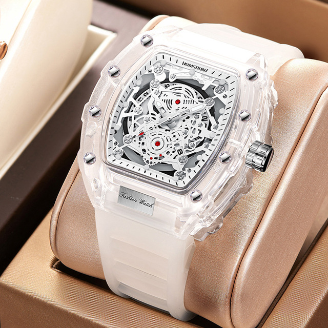 Wholesale 2025 Men's Waterproof Transparent Quartz Watch Fashionable Wine Barrel Design Tonneau Men Watch