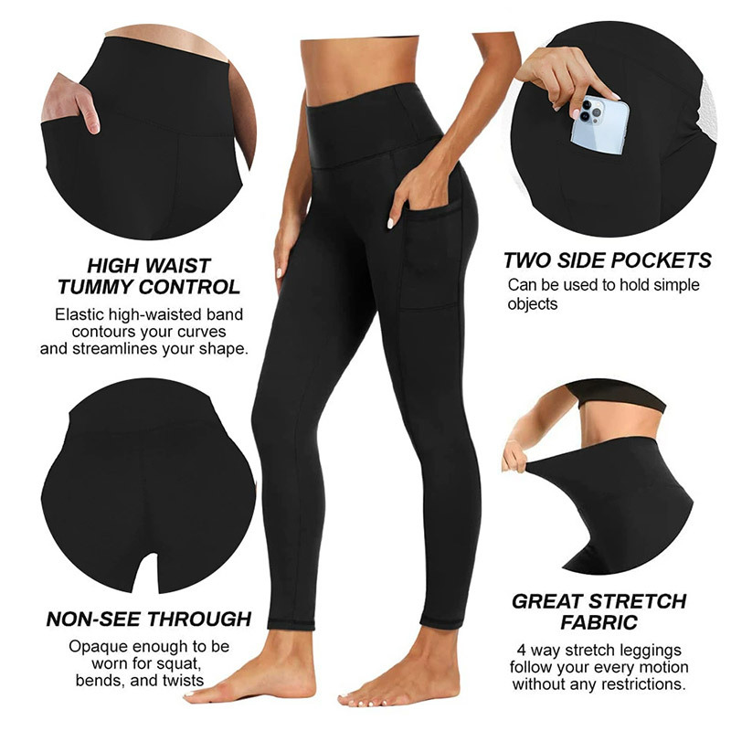 Women's High Waist Yoga Pants with Solid Pattern Thick Tummy Control Workout Running Leggings with Pockets
