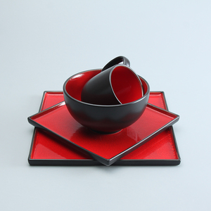 Juego de Platos Cuadrados Vintage de 16 Piezas, Color Rojo y Negro Sólido, <span class=keywords><strong>Dos</strong></span> Tonos, Cerámica Esmaltada, Vajilla de Gres - Product Image 2