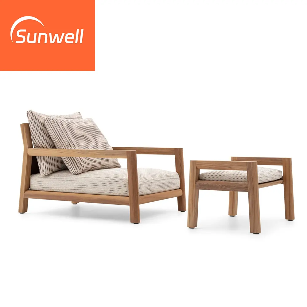 2024 Modern garden furniture sets lounge outdoor bistro set white single seat teak wood sofa sets with footrest