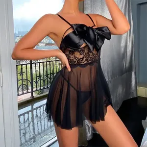Vestito con Scollo a V Profondo, Pizzo e Lacci, <span class=keywords><strong>Sexy</strong></span> e Trasparente, Pigiama Femminile - Product Image 1
