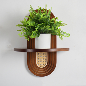 Estantes flotantes bohemios de arco arcoíris de pared de madera y ratán para soporte de plantas - Product Image 4
