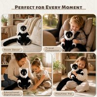Peluche Lémur Noir et Blanc à Poils Longs, Jouet Réaliste de 10 Pouces avec Longue Queue Moelleuse, Lavable en Machine pour Chiens et Chats