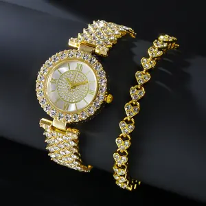 6118 Fashion Round Pointer Dial Uhren Damen 2 Stück Sets Iced out Steel Diamond Damen Armbanduhr & Gold Armband Luxus Geschenk