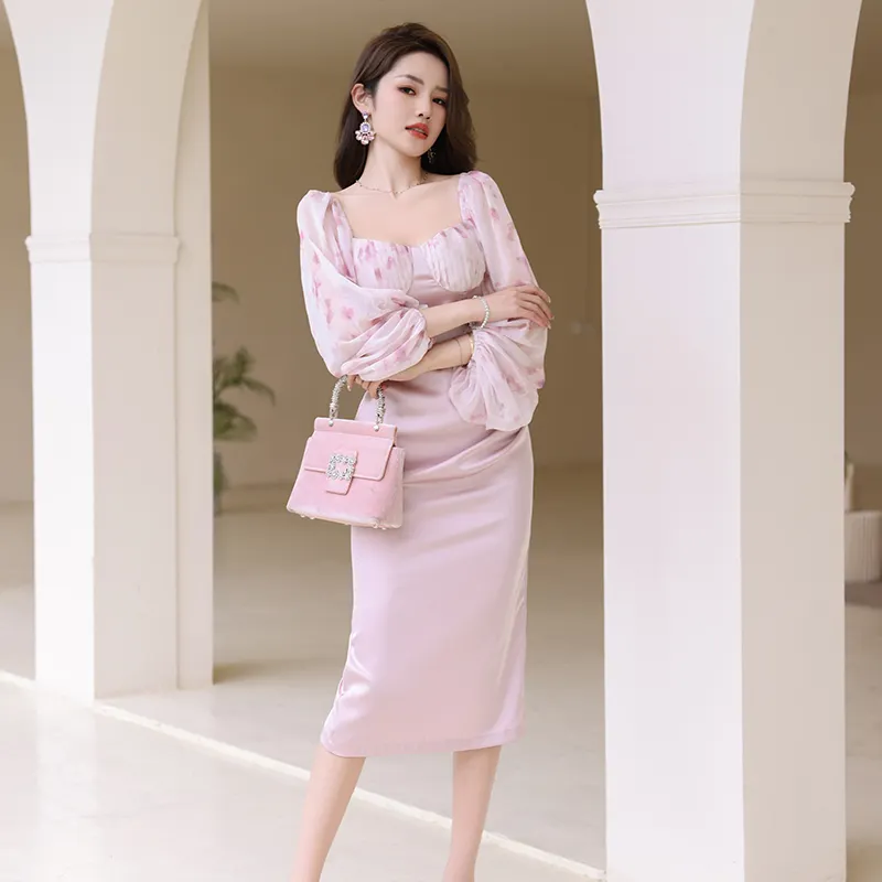 ZYHT 20331 Spring New Quality Satin Pink Elegant Evening Dress Long Puff Sleeve Square Neck Woman Midi Dresses