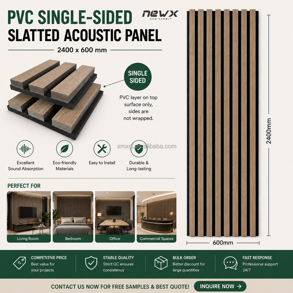 PVC SINGLE-SIDED SLATTED ACOUSTIC PANEL 2400 * 600 mm