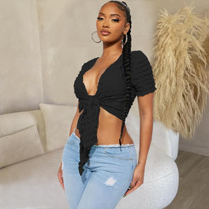 Último diseño de moda palomitas de maíz <span class=keywords><strong>Hort</strong></span> manga calle camiseta mujer Sexy blanco cuello en V anudado Crop Tops - Product Image 4