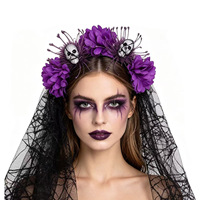 Bando Rambut Tengkorak Halloween Baru, Bunga Buatan, Kerudung Renda, Kain Buatan Tangan, Hiasan Kepala Pesta Hari Orang Mati Meksiko untuk Wanita