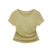 T-shirt court en modal à manches courtes pour femme, taille froncée sur le côté, soutien-gorge intégré amovible, décontracté, été, usage quotidien, vente en gros, personnalisable
