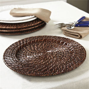 Assiettes de présentation en lin texturé 13 pouces pour mariage, <span class=keywords><strong>fête</strong></span> disco, rangement domestique, style rustique, vente en gros, beige, bambou, pour table à manger - Product Image 1