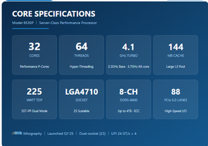 ซีพียูเซิร์ฟเวอร์ Xeon 6 6530P ของแท้ 32-คอร์ 64-เธรด 2.3GHz 4.1GHz 144MB LGA4710 - Product Image 2