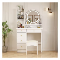 Table de maquillage moderne au design simple avec miroir LED rond lumineux en chêne, avec siège et tiroir, pour chambre d'hôtel